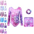 thumbnail image 1 of UJNDER Girl's Long Sleeve Performance Leotard with Glitter Gradient Print Shorts and Hair Scrunchie for Dance Gymnastics Girls Dance Outfit,01_Light Purple,6-7 Years, 1 of 9
