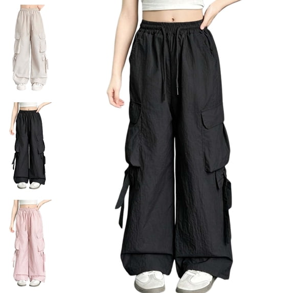 UJNDER Girl's Loose Fit Lightweight Long Trousers for Kids Daily Wear Cargo Sweatpants,Black,5-6 Years