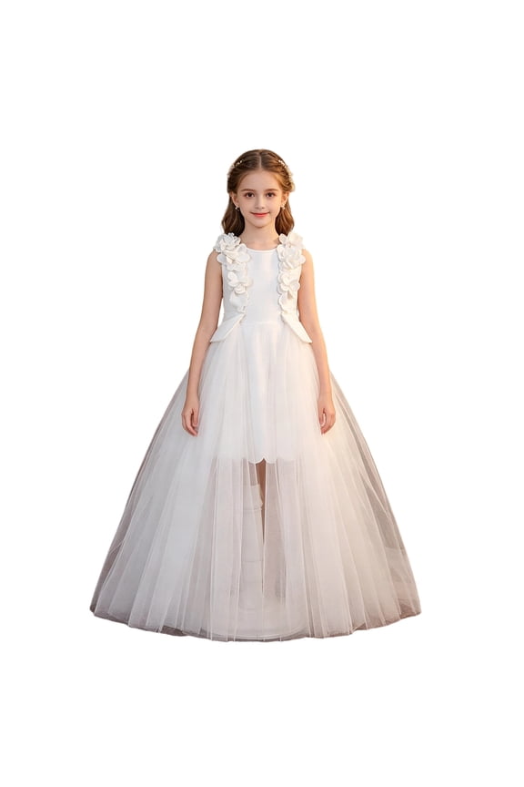Girls A Line Tutu Dress Air Layer Wedding Party Performance Gown in White Color for Bride and Long Dress White,8-9 Years