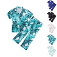 thumbnail image 1 of UJNDER Girls Cartoon Print Lapel Collar Short Sleeve Top and Long Pants Spring Summer Loungewear Pajama Set for Toddler Kids Kids Pajamas,Green,7-8 Years, 1 of 7