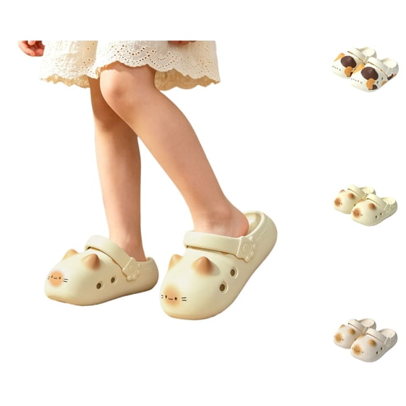 UJNDER Girls Clogs Girls Cute Cat Paw Non- Thick Sole Indoor Outdoor Summer Slide Slippers for Kids,Yellow,9-9.5 Years