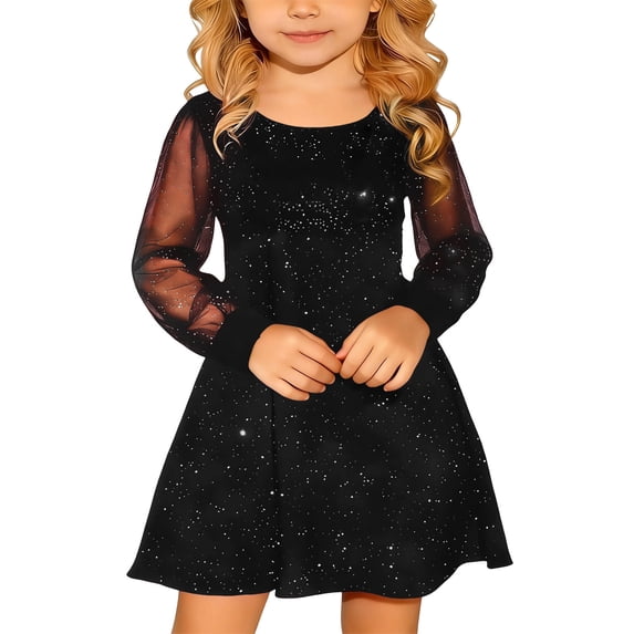 UJNDER Girls Dress Kids Girl Puff Long Sleeve Mesh Casual High Waist A Line Short Party Dress with Round Neck for Age 4-14 Years Summer Midi Dress 02_Black,7-8 Years