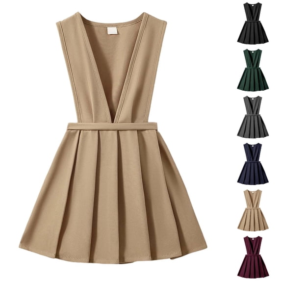 UJNDER Girls Dress for School Casual Wear Toddler Kids Pinafore Pleated Skirt with Adjustable Straps Comfortable Everyday Outfit Age 2-9 Years Midi Dress Khaki,2-3 Years