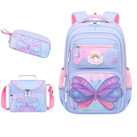 UJNDER Girls Elementary School Backpack with Print 3 Piece Set Large Capacity Lightweight Daypack with Spine for Grades 5-6,Blue,Large