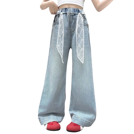 UJNDER Girls Fashion Cute Personality Pants Elastic Waist Wide Leg Jeans Casual Denim Pants with Pockets for Girls Wide Leg Pants,Blue,13-14 Years