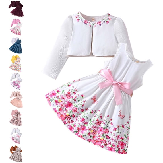 UJNDER Girls Floral Dress with Cardigan Two Piece Outfit Spring Summer Casual Toddler Set with Floral Print and Jacket 2-7Y Girls Outfits,White,6-7 Years