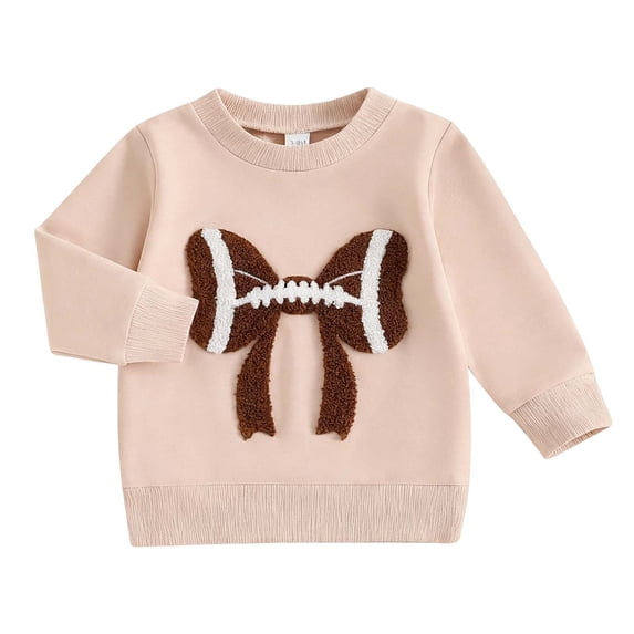 UJNDER Girls Football Embroidery Long Sleeve Crewneck Pullover Sweatshirt With Bow Detail Loose Fit Casual Top For Autumn 6M-4Y Toddler Sweatshirt,Beige,18-24 Months