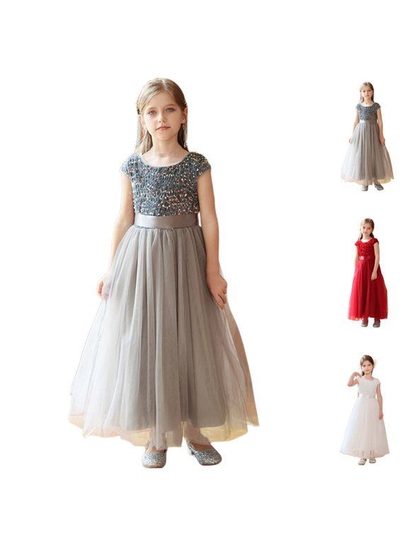 Girls Formal Dress Elegant for Recital Pageant Performance Tutu Gown with Sash Age 7-17 Long Dress Grey,15-16 Years