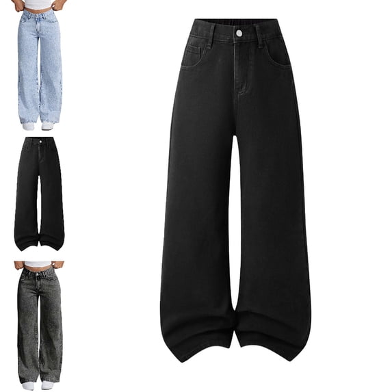 UJNDER Girls High Waist Straight Leg Jeans with Bow Embroidery and Casual Loose Fit Denim Pants for Teenagers Girls Pants,Black,9-10 Years