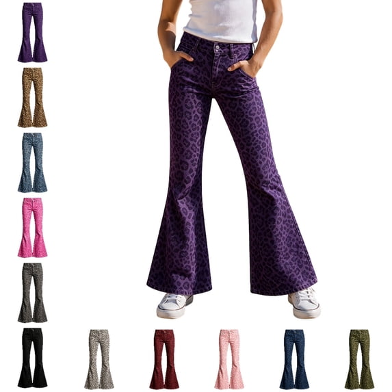 UJNDER Girls Leopard Print Wide Leg Trousers with Elastic Waist Playful Comfortable Everyday Style Girls Wide Leg Pants,01_Purple,7-8 Years