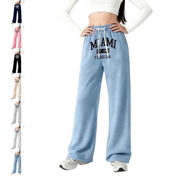 UJNDER Girls Letter Print Casual Wide Leg Trousers Loose Fit Comfortable Long Style for Youth Fashion Girls Wide Leg Pants,03_Blue,6-7 Years