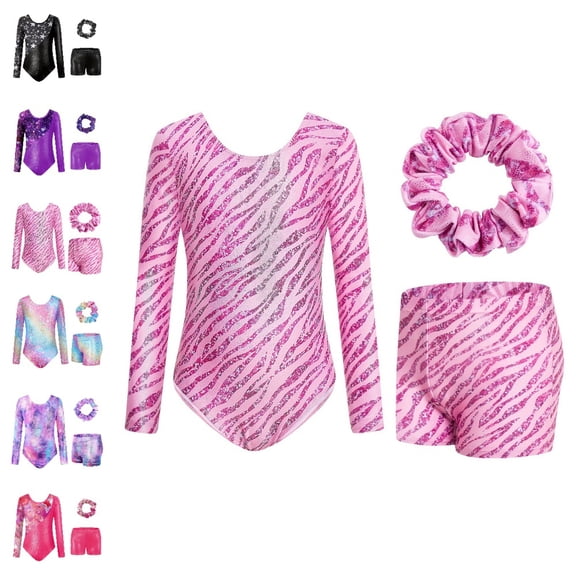UJNDER Girls Long Sleeve Gymnastics Leotard with Digital Print Ballet Dance Unitard for Training and Performance Girls Dance Outfit,Light Pink,3-4 Years