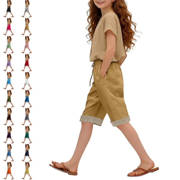 UJNDER Girls Shorts Summer High Waist Wide Leg Cropped Pants with Pockets Casual Comfortable like Design for Girls Wide Leg Pants Khaki_001,13-14 Years