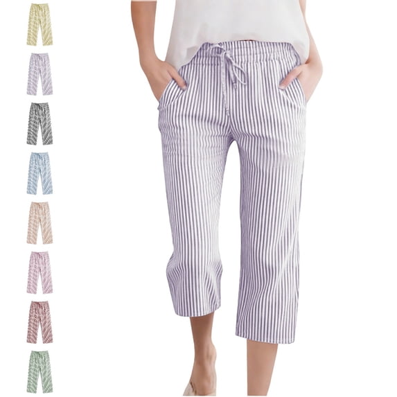 UJNDER Girls Striped Drawstring Elastic Waist Capri Trousers with Side Pockets Comfortable Play Girls Pants,01_Purple,5-6 Years