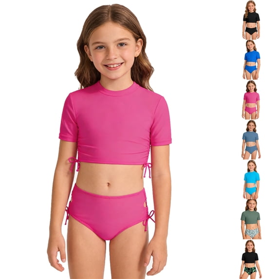 UJNDER Girls Two Piece Swimsuit High Waist Bandeau Top and Bottom Bikini Set for Swimming and Beach Play Tween Girl Bathing Suits Hot Pink,5-6 Years