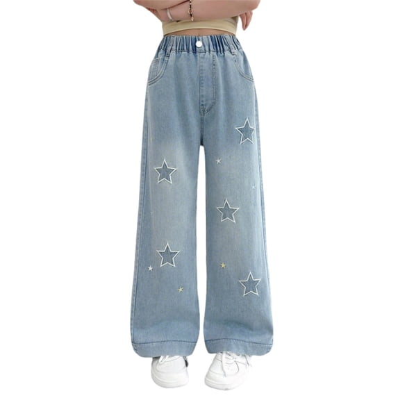 UJNDER Girls Wide Leg Denim Thin Embroidery Casual Trousers for Kids and Youth Girls Wide Leg Pants,Sky Blue,13-14 Years