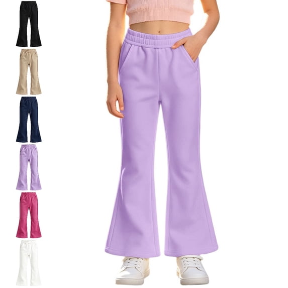 UJNDER Girls Winter Flared High Waisted School Style Trousers Lined Cozy Autumn Winter Kids Pants Girls Pants,Purple,7-8 Years