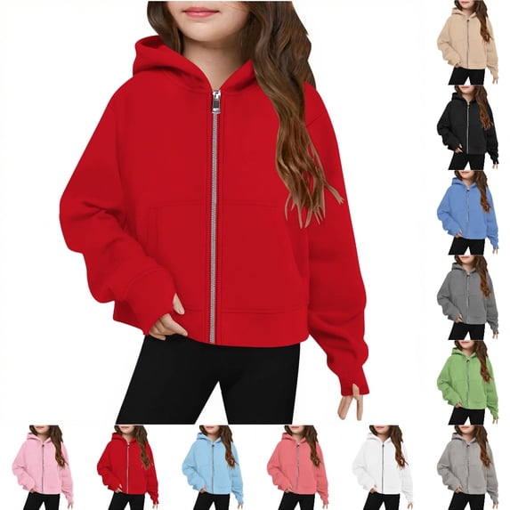 UJNDER Girls Zip Up Hoodie Teen Hooded Sweatshirt Fleece Jacket Kids Fall Fashion Outfits for Winter Warm Juniors Tops,Red,9-10 Years