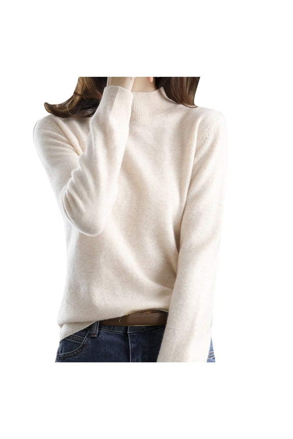 Half High Collar Knit Sweater for Women Autumn Winter Short Pullover Solid Color Loose Thickened Beige L