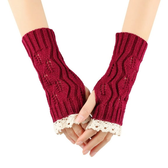 UJNDER Handmade Crochet Fingerless Lace Gloves for Women Winter Mittens and Arm Sleeves for Hand Warmth Wine