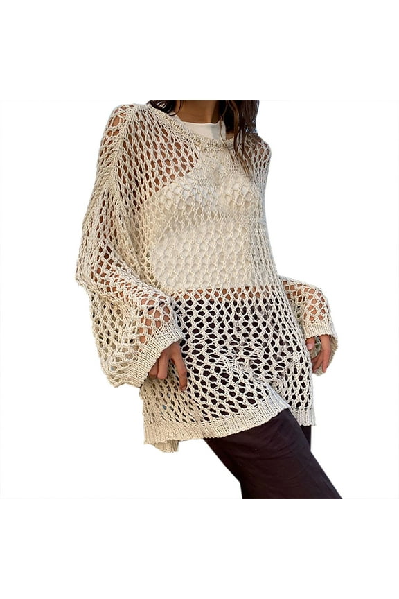 Hollow Out Oversized Sweater for Women Long Sleeve Printing Punk Ripped Knitted Top Streetwear Beige S