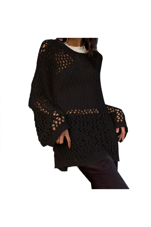 Hollow Out Oversized Sweater for Women Long Sleeve Printing Punk Ripped Knitted Top Streetwear Black S