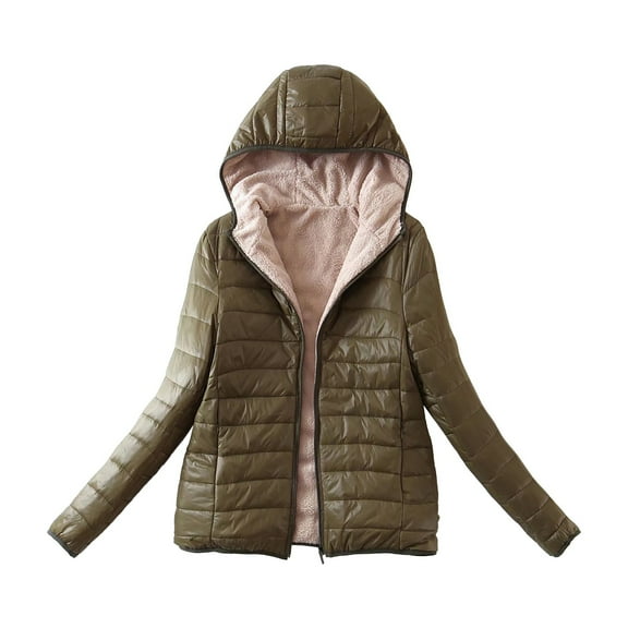 UJNDER Hooded Slim-Fit Plus -Padded Jacket Warm Lamb Velvet Jacket for Women Winter Jacket Green L