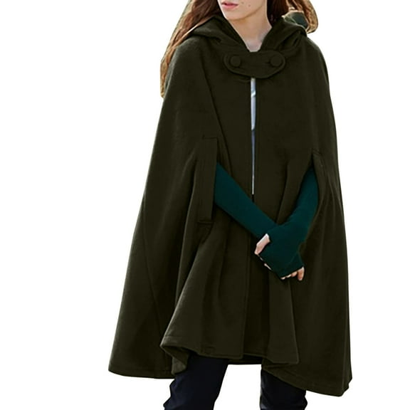 UJNDER Hooded Women Cape Winter Overcoat Fashion Button Cloak Woolen Coat Long Coat Women Green M