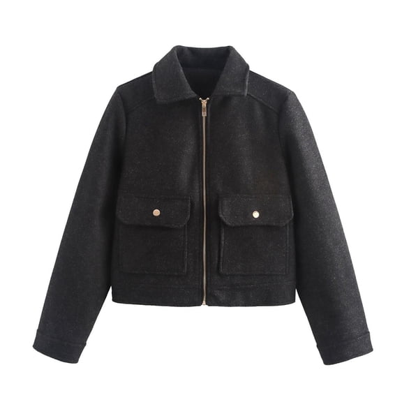 UJNDER Jacket for Women Fashion Multicolor Wool Blend Pocket Zipper Stylish Casual Outerwear Coat Long Sleeve Black L