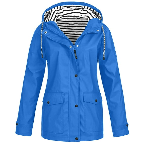 UJNDER Jacket for Women Outdoor Windproof Hooded Solid Color Rain Coat Raincoat Long Sleeve Blue L