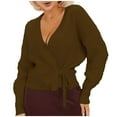 thumbnail image 1 of UJNDER Women's V Neck Tied Knit Cardigan Slim Fit Sweater Jacket for Fall Fashion Coffee XL, 1 of 4