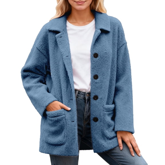 UJNDER Jackets for Women Plus Size Casual with Front Buttons and Side Pockets Long Sleeve Solid Color Blue S