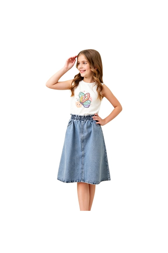 Jean Skirt Girls Denim Skirt with Snowflake Embroidery Casual Staple Piece for Spring and Summer for 7-12 Years Flowy Skirt Blue_001,7-8 Years