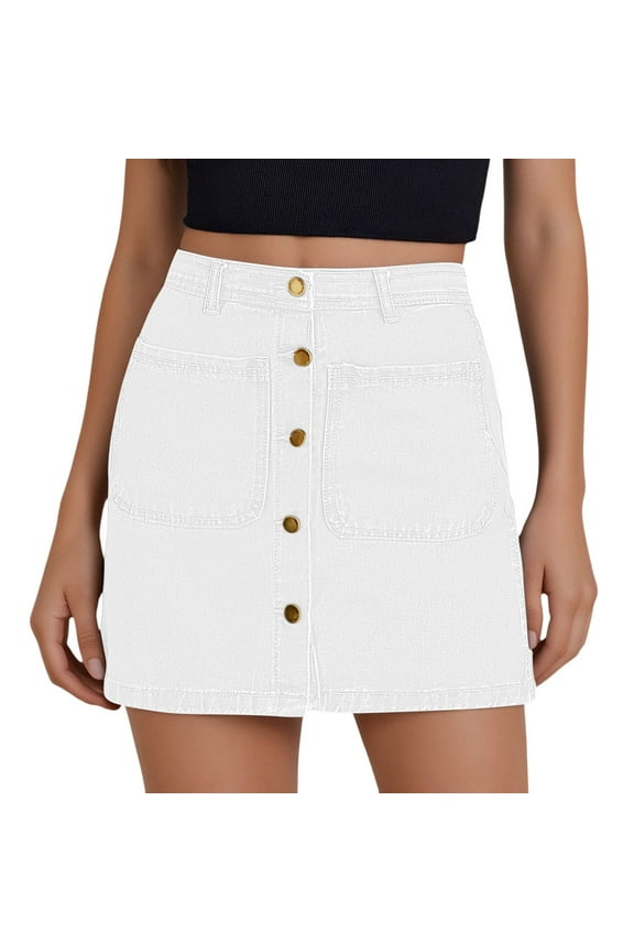 Jean Skirts For Women Denim High Waisted Trendy Stretchy Mini Button Front Short Pencil Patch Pockets White L