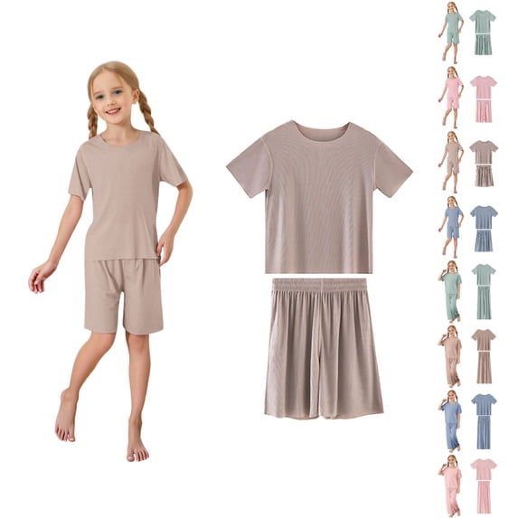 UJNDER Kid'S Summer Ice Breathable Crew Neck Short Sleeve Top With Shorts Two Piece Loungewear Set For 2-15Y Toddler Casual Kids Pajamas,02_Khaki,18-24 Months