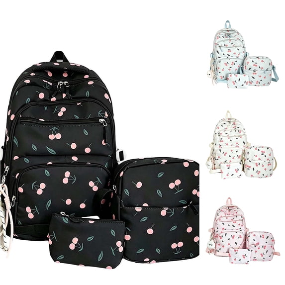 UJNDER Kids Adorable Cherry Printed Backpack with Spacious Main Compartment and Padded Straps for Elementary School Daily Use,Black,Mid