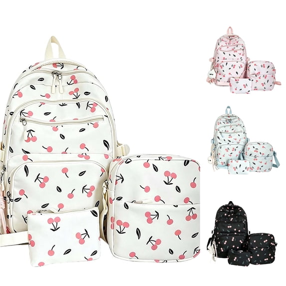 UJNDER Kids Adorable Cherry Printed Backpack with Spacious Main Compartment and Padded Straps for Elementary School Daily Use,White,Mid
