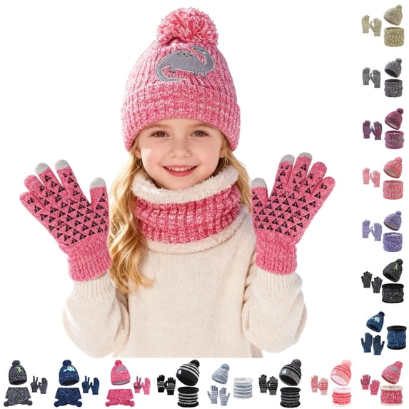 UJNDER Kids' Hat Scarf Gloves Set Winter Knit Hat Scarf and Gloves with Cartoon Car Striped Pattern Soft Warm Three Piece Ensemble for Boys and Girls