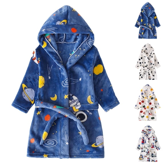 UJNDER Kids Long Sleeve Cartoon Printed Hooded Flannel Bathrobe with Pockets Cozy Pajamas Kids Robe,01_Blue,4-5 Years