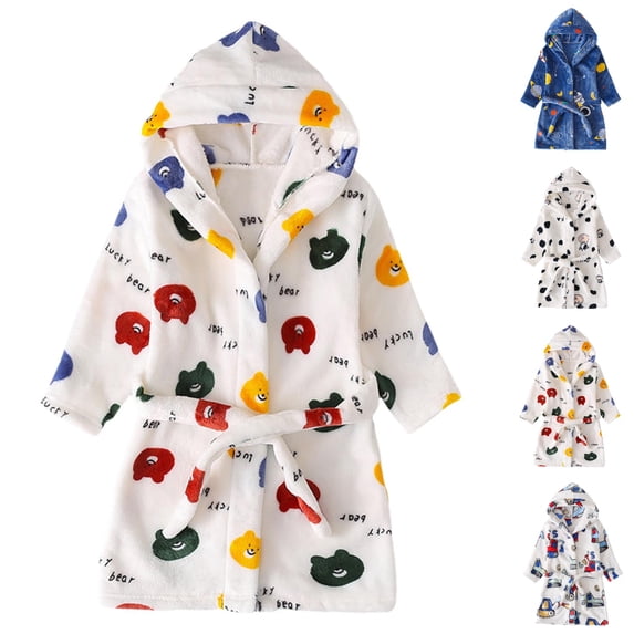 UJNDER Kids Long Sleeve Cartoon Printed Hooded Flannel Bathrobe with Pockets Cozy Pajamas Kids Robe,01_Khaki,12-18 Months