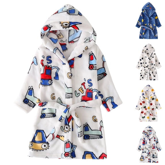 UJNDER Kids Long Sleeve Cartoon Printed Hooded Flannel Bathrobe with Pockets Cozy Pajamas Kids Robe,01_White,3-4 Years