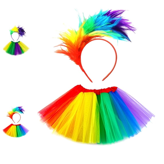 UJNDER Kids Rainbow Feather Headband Tutu Skirt Set for Carnival Festival Dance Performance Girls Short Toddler Girl Outfits,Multicolour,4-8 Years