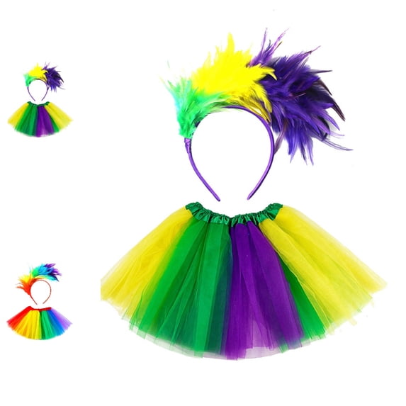 UJNDER Kids Rainbow Feather Headband Tutu Skirt Set for Carnival Festival Dance Performance Girls Short Toddler Girl Outfits,Green,4-8 Years