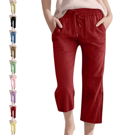 UJNDER Kids Solid Washed Crinkled Drawstring High Waisted Wide Leg Capri Trousers with Pockets Comfy Kids Pants,Red,13-14 Years