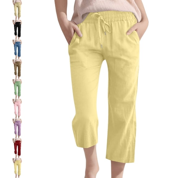 UJNDER Kids Solid Washed Crinkled Drawstring High Waisted Wide Leg Capri Trousers with Pockets Comfy Kids Pants,Yellow,13-14 Years