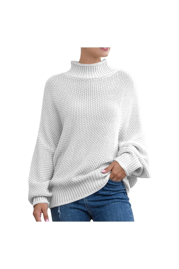 Knit Sweater for Women Batwing Sleeve Roll Neck Europe America Style Cozy Winter Wear White XXXXL