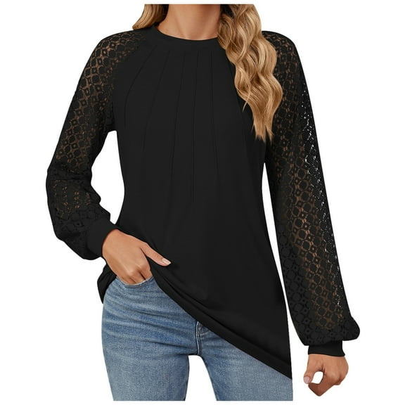 UJNDER Ladies Autumn and Winter Lace Patchwork Round Neck Loose Long Sleeve Tops for Women Feminine Detail Black L