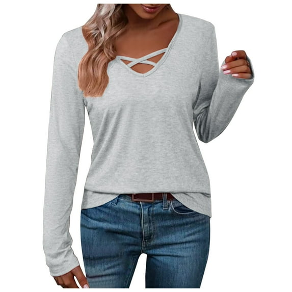 UJNDER Ladies' V Neck Long Sleeve Solid Color Casual T Shirts for Women Everyday Basic Light Gray S