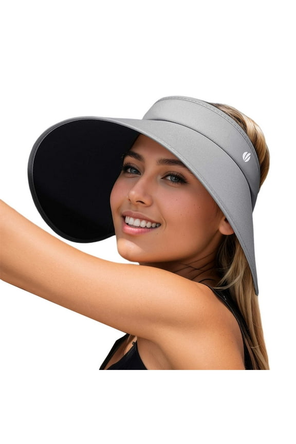 Ladies Wide Brimmed Open Top Outdoor Cycling Folding Sun Hat for Travel Sports and Beach Activities Light Gray