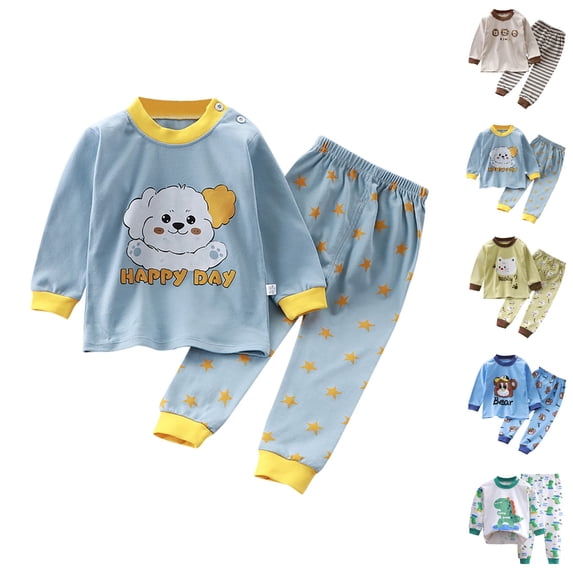 UJNDER Little Boys Girls Cartoon Print Round Neck Long Sleeve Top and Pants Thermal Loungewear Pajama Set for Toddler Kids Kids Pajamas,02_Light Blue,1-2 Years